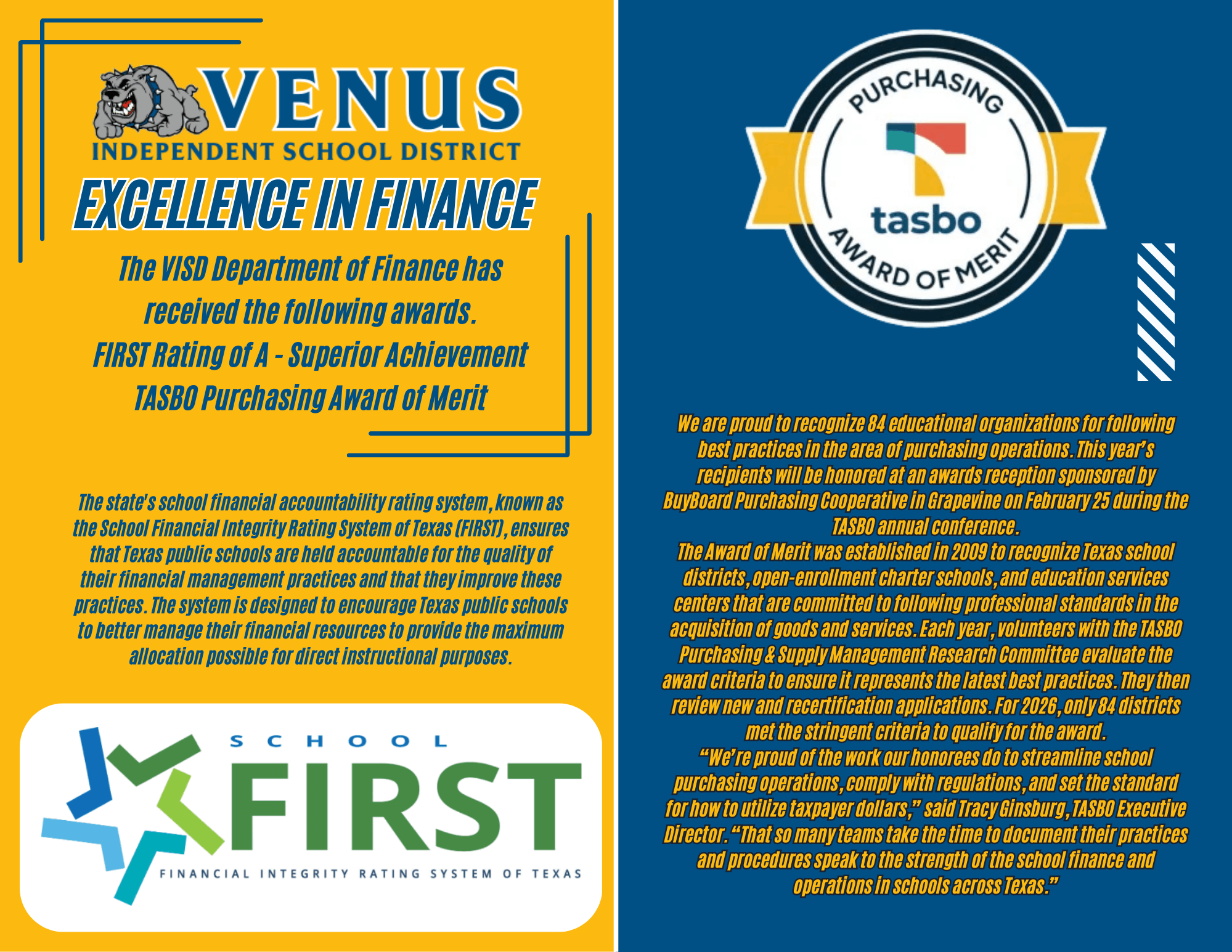 FIRST Award and Purchasing Award for VISD Finance Dept. 